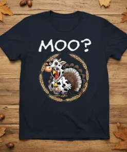 The "Moo?" t-shirt features a cartoon cow dressed in a turkey costume with a bell, surrounded by wheat stalks