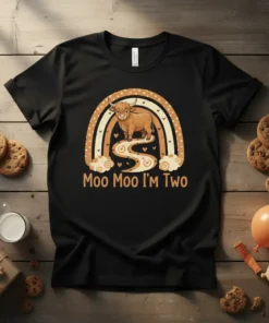 Moo Moo I'm Two t-shirt design featuring a cute Highland cow under a rainbow with text "Moo Moo I'm Two"