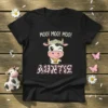 Moo! Moo! Moo! Auntie text with a winking cow wearing a flower crown on a black t-shirt