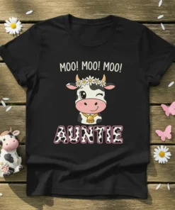 Moo! Moo! Moo! Auntie text with a winking cow wearing a flower crown on a black t-shirt