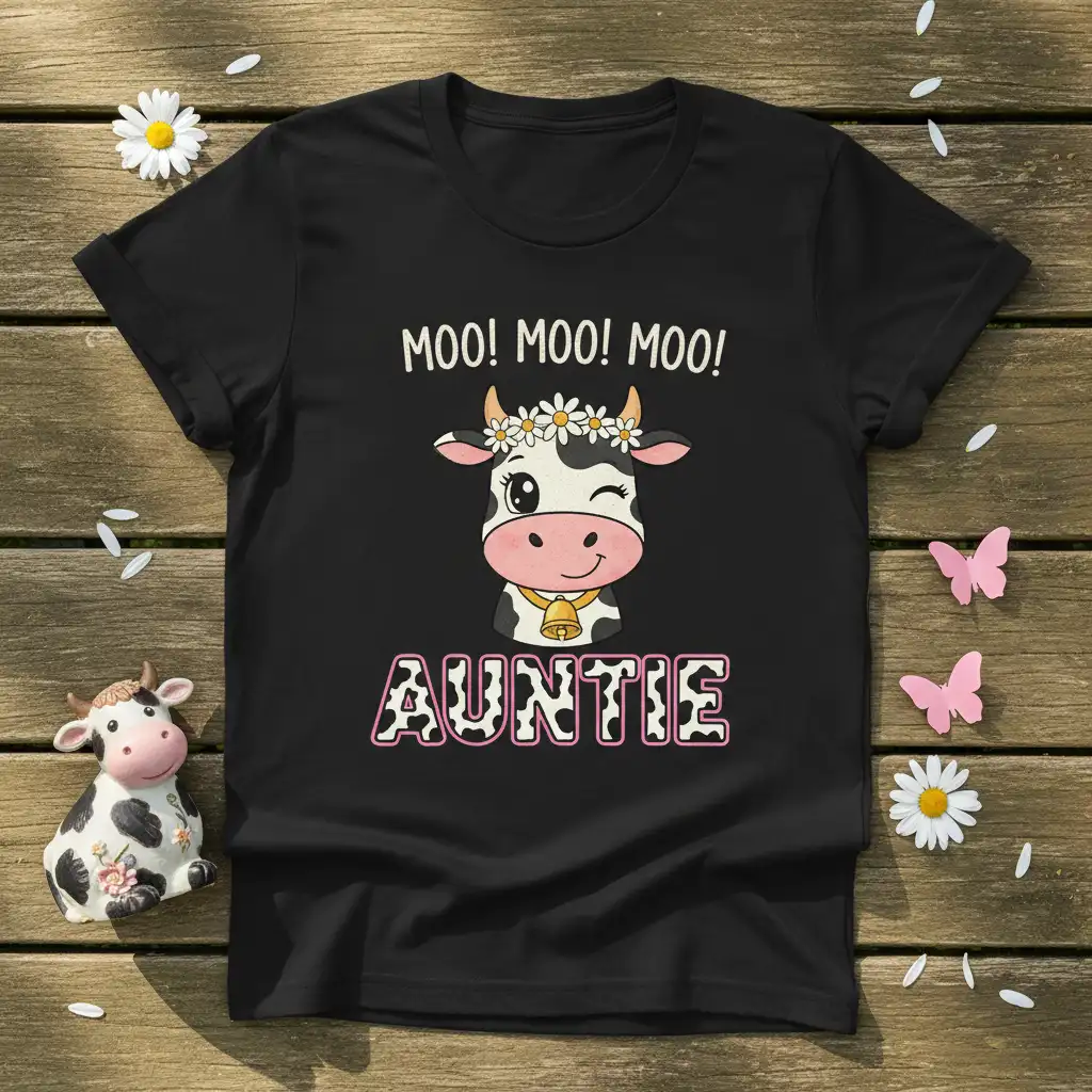 Moo! Moo! Moo! Auntie text and winking cow graphic on a comfortable black t-shirt