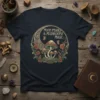 Moon Phases & Mushrooms Magic text with whimsical mushrooms, moon, and butterflies graphic on a navy t-shirt