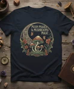 Moon Phases & Mushrooms Magic text with whimsical mushrooms, moon, and butterflies graphic on a navy t-shirt