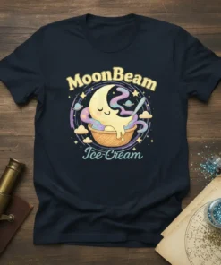 MoonBeam Ice Cream T-Shirt featuring a cute crescent moon character eating ice cream with stars and clouds, text reads MoonBeam