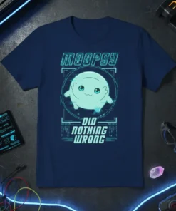 Moopsy Did Nothing Wrong T-Shirt featuring a cute blue creature in a digital frame with binary code