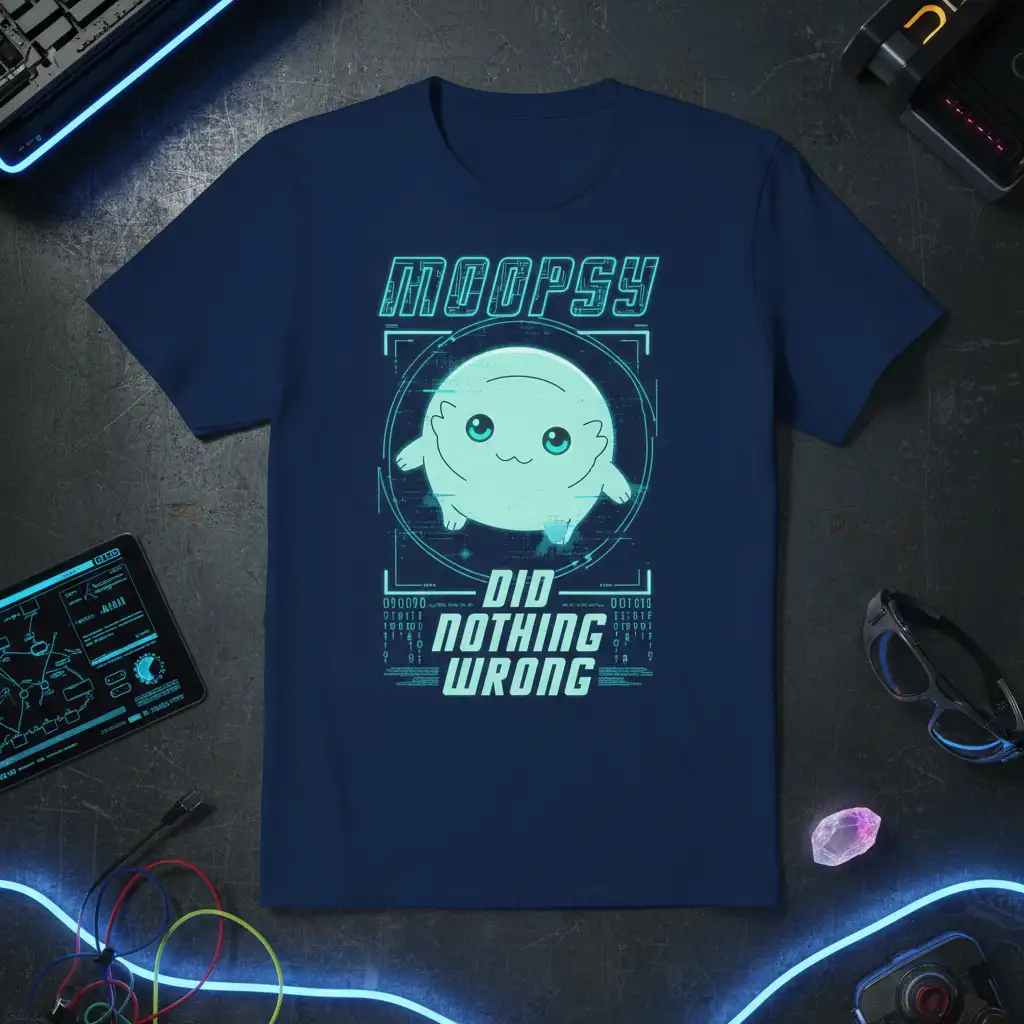 Moopsy Did Nothing Wrong quote and cute creature graphic on a digital-themed t-shirt design