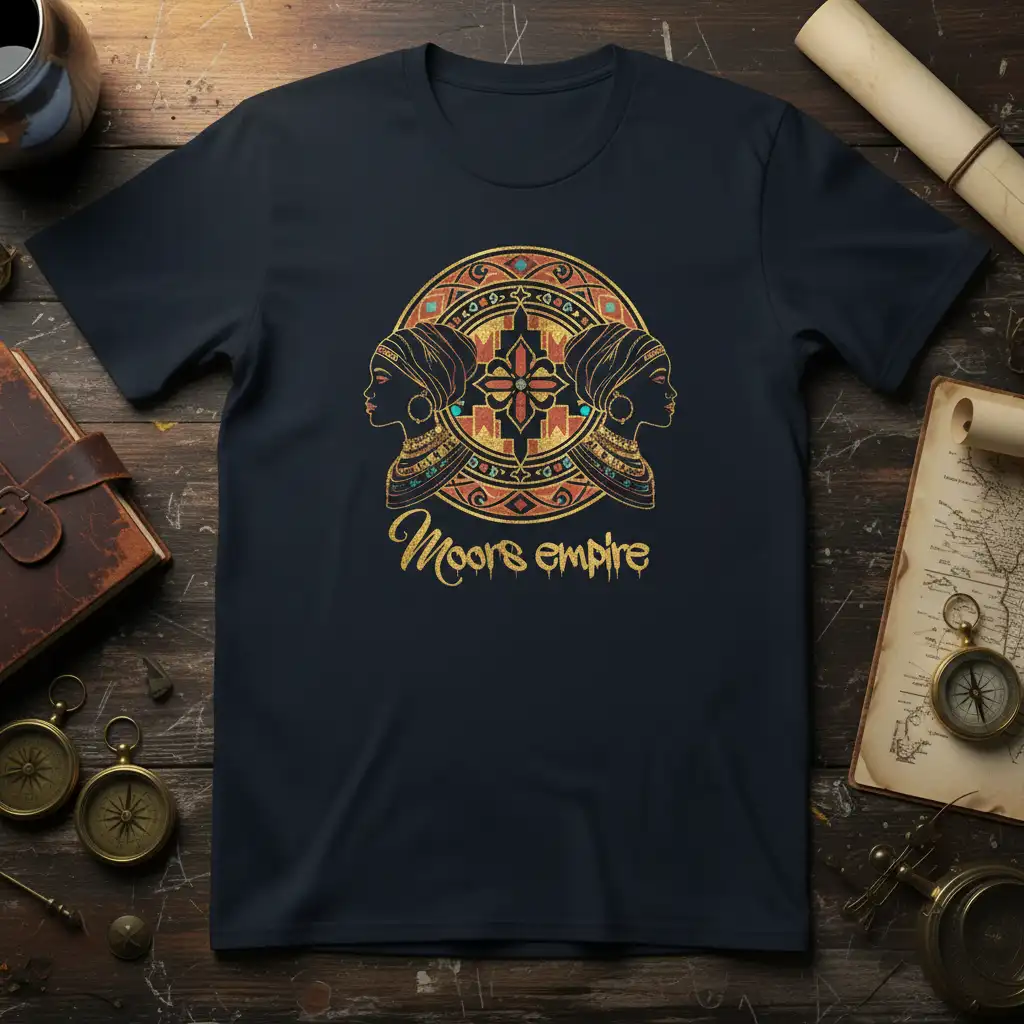 Moors empire text and regal circular emblem with dual profiles on a dark t-shirt
