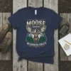 Moose Country Wilderness Awaits graphic tee with a detailed moose illustration and mountain scenery