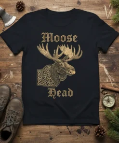 Black t-shirt featuring a vintage-style illustration of a moose head with Celtic knot detailing and the text "Moose Head"