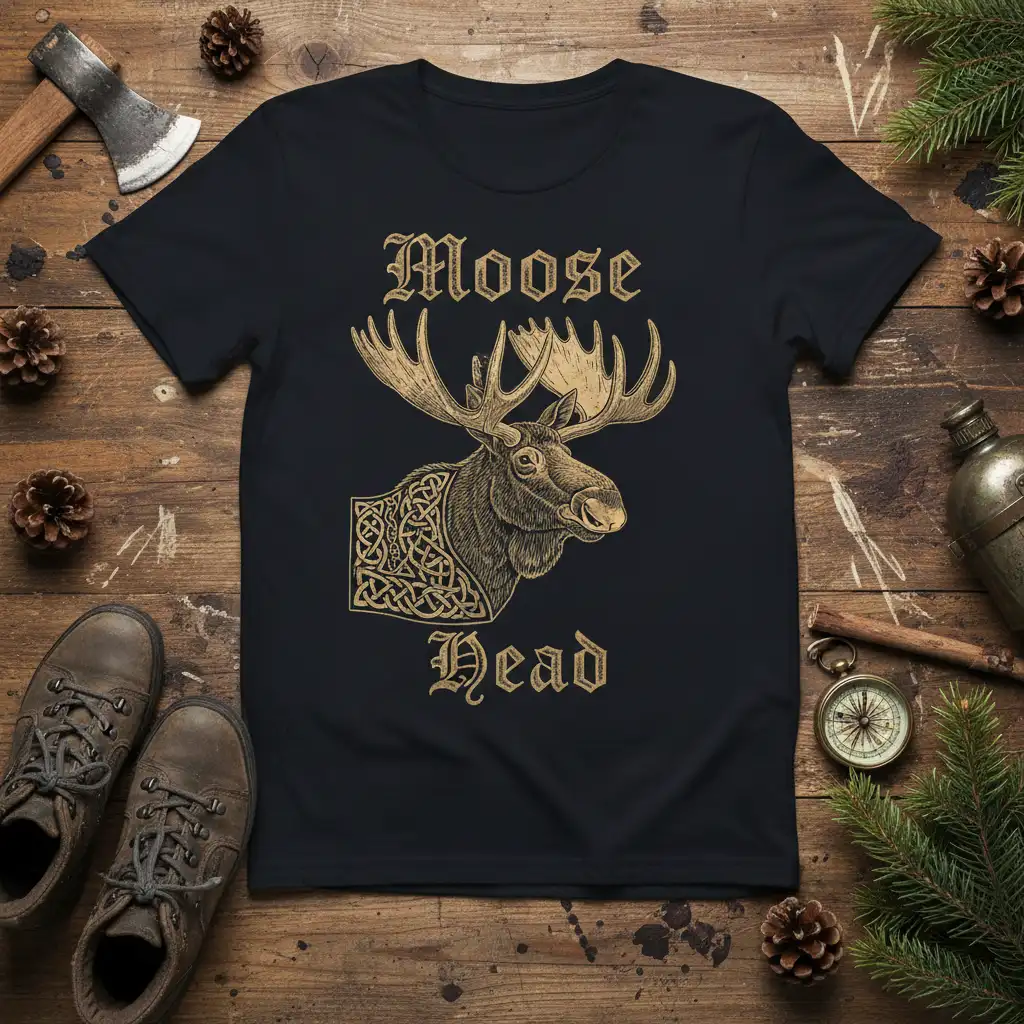 Vintage Moose Head graphic with Celtic knot pattern and text, printed on a black t-shirt