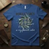 Morally Grey is My Favorite Color t-shirt with a circular abstract compass design in shades of grey, green, and blue