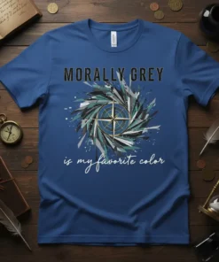 Morally Grey is My Favorite Color t-shirt with a circular abstract compass design in shades of grey, green, and blue