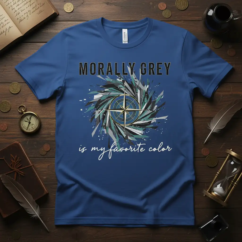 Morally Grey is My Favorite Color quote with abstract compass graphic on a blue t-shirt