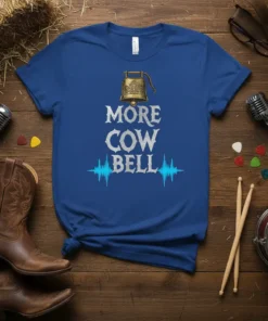 More Cow Bell t-shirt design with a golden cowbell graphic and a blue heartbeat sound wave