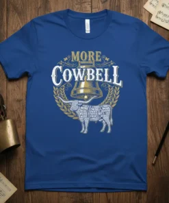 Blue t-shirt featuring "MORE COWBELL" text with a vintage bell and a cow graphic made of repeated text