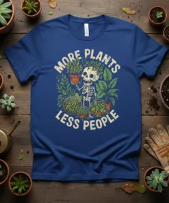 More Plants Less People t-shirt with skeleton holding plant pots, surrounded by greenery