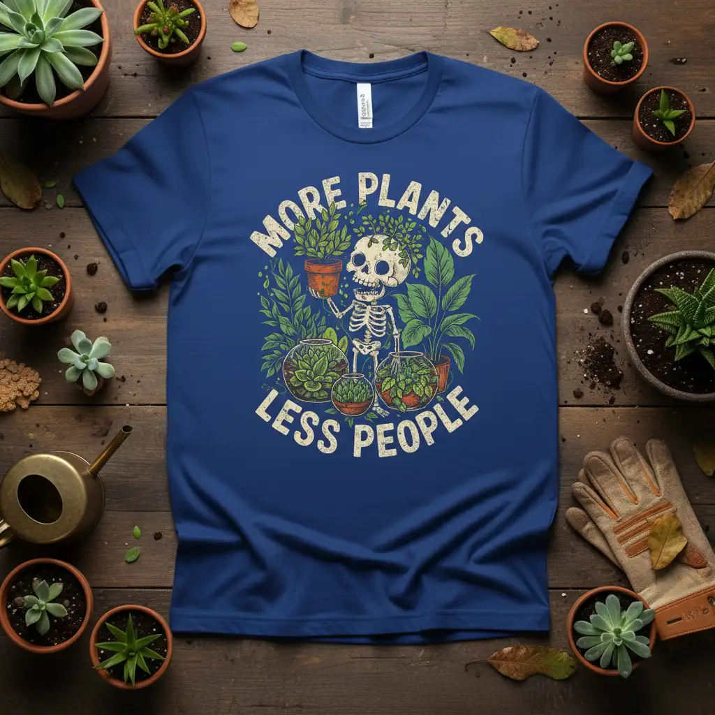 More Plants Less People quote with skeleton surrounded by plants on a graphic tee