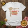 More Spaghetti Less Upsettti funny pasta quote on a white t-shirt with spaghetti graphic
