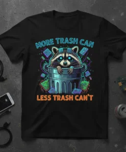 More Trash Can Less Trash Can't quote with a raccoon in a trash can graphic, vibrant tech elements, black t-shirt