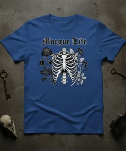 Morgue Life skeleton rib cage t-shirt with gothic roses, dark aesthetic apparel