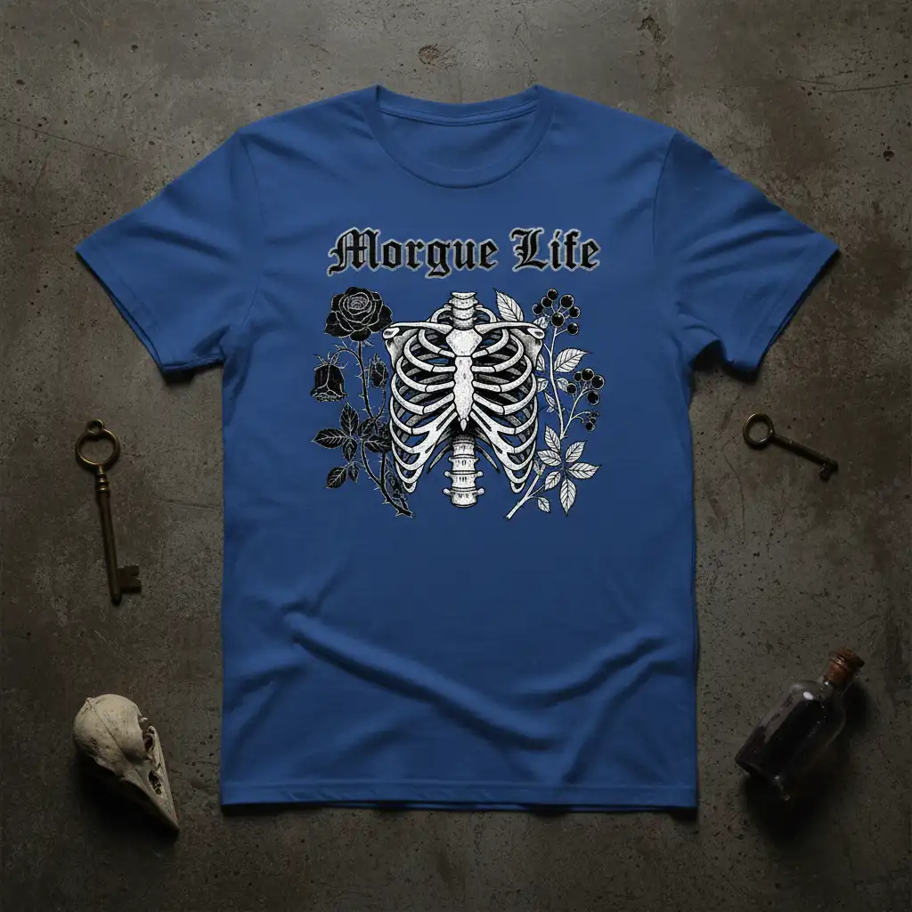 Morgue Life gothic t-shirt featuring a skeleton rib cage with black roses and berries