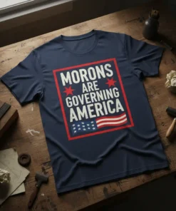 Navy blue t-shirt with "MORONS ARE GOVERNING AMERICA" text in white, framed by red stars and an American flag graphic