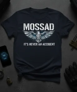 Mossad It's Never An Accident t-shirt design with eagle emblem and distressed text, navy blue shirt