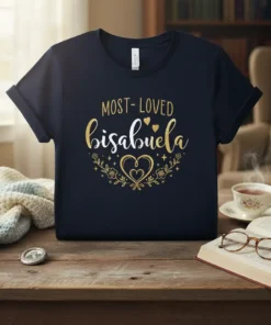 Most-Loved Bisabuela t-shirt with gold script text and floral heart graphic