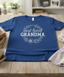 Blue t-shirt with "most loved GRANDMA" text in a floral wreath design, suitable for grandmothers
