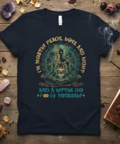 Dark navy t-shirt featuring a woman meditating within a mandala, with text "I'm Mostly Peace, Love and Light and a