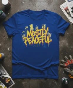 Blue t-shirt with yellow and red graffiti-style text reading "MOSTLY PEACEFUL" and urban city skyline graphic