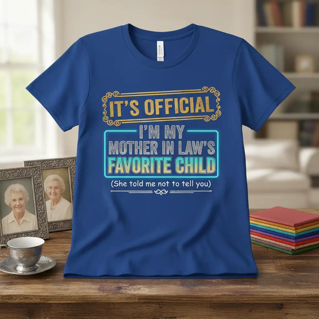 Funny I'm My Mother In Law's Favorite Child quote t-shirt with neon text and decorative frame