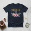 Mother of French Bulldog text with floral accents and French Bulldog graphic on a navy t-shirt
