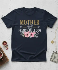 Mother of French Bulldog text with floral accents and French Bulldog graphic on a navy t-shirt