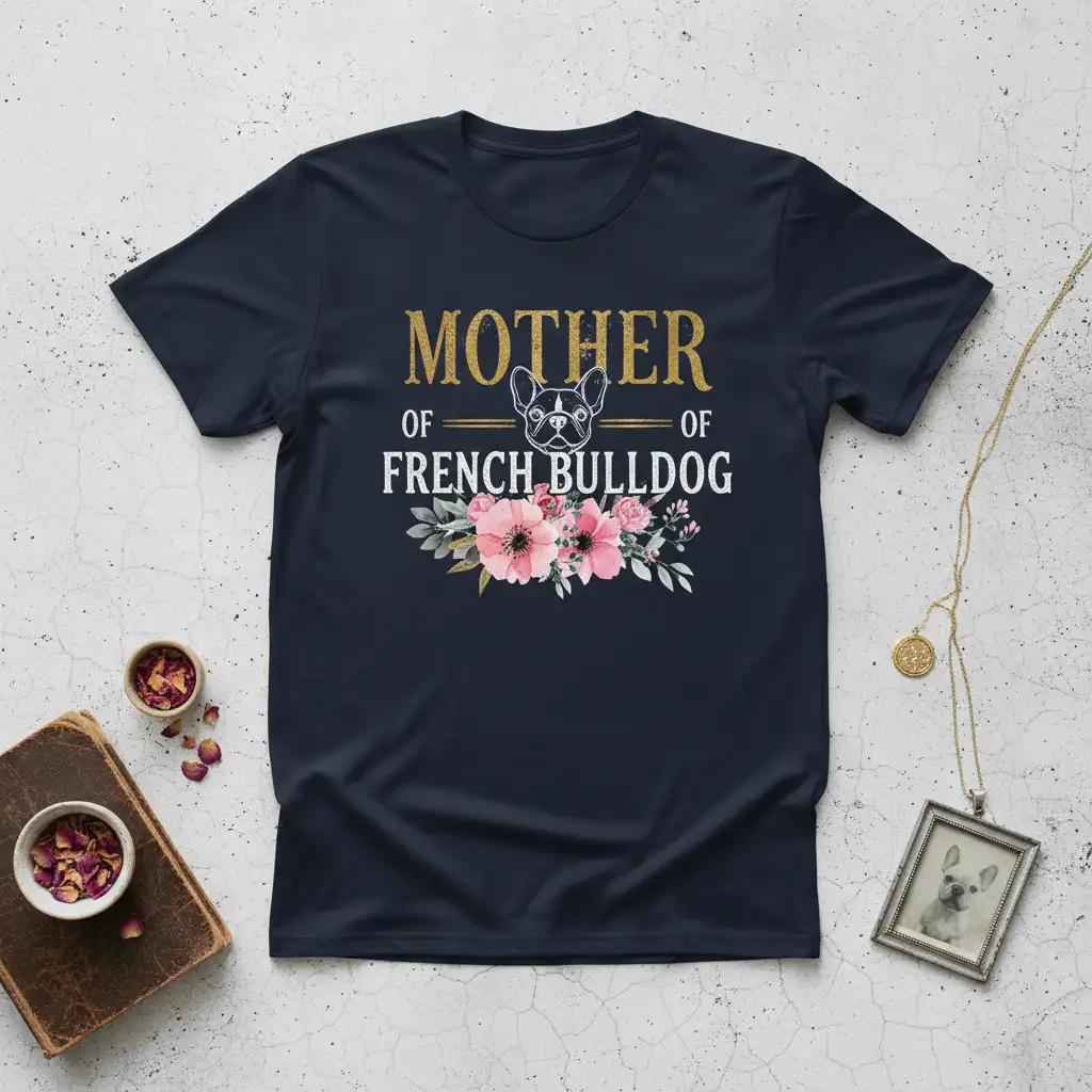 Mother of French Bulldog quote with floral design and Frenchie graphic on a navy tee