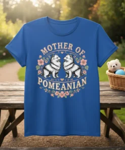 Mother of Pomeranian text with two fluffy Pomeranian dogs and floral border on a blue t-shirt