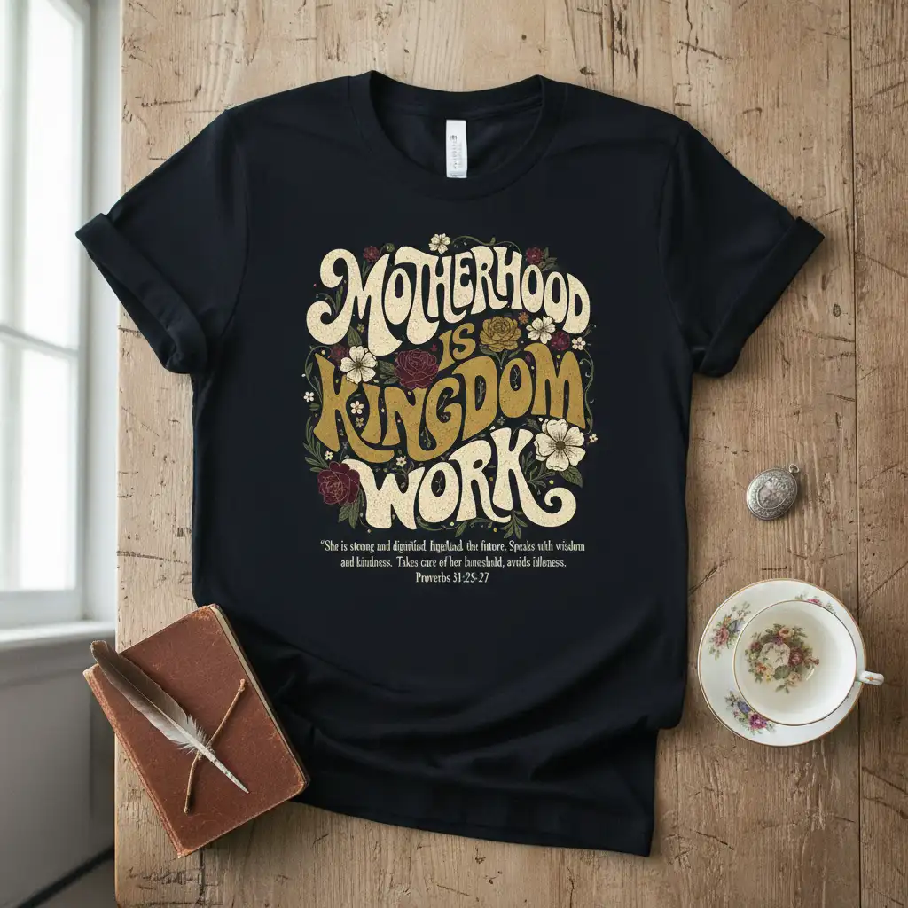 Motherhood Is Kingdom Work quote t-shirt with vintage floral design and Proverbs 31 scripture