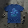 Motocross rider mid air design on a blue t-shirt, featuring neon pink and turquoise outline art of a bike jumping