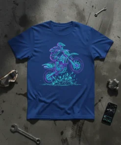 Motocross rider mid air design on a blue t-shirt, featuring neon pink and turquoise outline art of a bike jumping