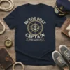 Motor Boat Captain Motor Boatin' S.O.B. text design with anchor and ship wheel graphic on navy t-shirt