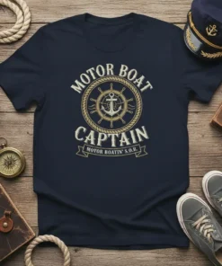 Motor Boat Captain Motor Boatin' S.O.B. text design with anchor and ship wheel graphic on navy t-shirt