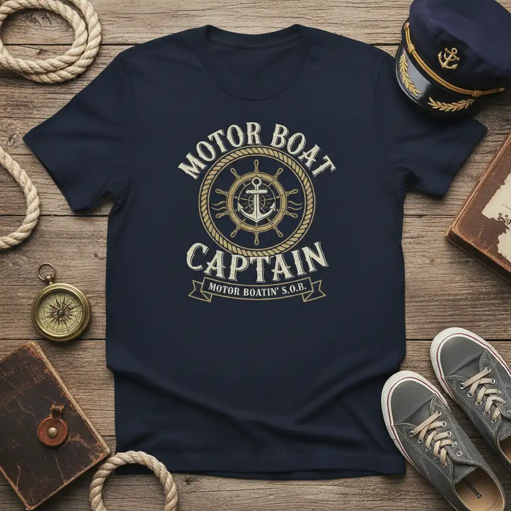 Motor Boat Captain Motor Boatin' S.O.B. text with anchor and ship wheel graphic on dark navy tee