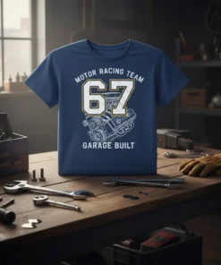 MOTOR RACING TEAM 67 GARAGE BUILT t-shirt design with vintage engine graphic and distressed typography