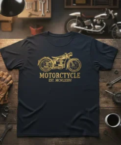 MOTORCYCLE EST. MCMLXX8V vintage motorcycle graphic t-shirt design in gold on a navy blue tee