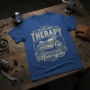 Blue t-shirt with "For Some There's Therapy For The Rest Of Us There Are Motorcycles" text and vintage motorcycle graphic