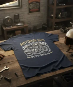 Navy t-shirt with "Motorheads Speed & Liberation" text and vintage motorcycle graphic