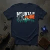Mountain Dude Bigfoot t-shirt design with text and a graphic of Bigfoot in a forest setting with mountains