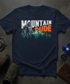 Mountain Dude Bigfoot t-shirt design with text and a graphic of Bigfoot in a forest setting with mountains