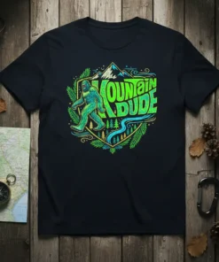 Mountain Dude t-shirt design with a green Bigfoot walking past mountains and trees