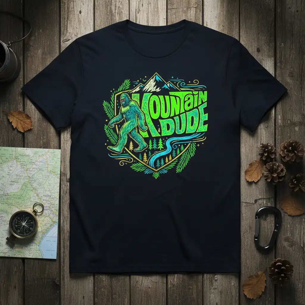 Vibrant Mountain Dude Bigfoot graphic tee with outdoor adventure theme